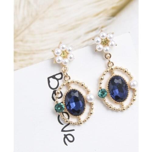 Fashion Blue Rhinestone Charm Simulated Pearl Flower Round Drop Earrings For Women New Statement Party Jewelry Brincos 5B2011