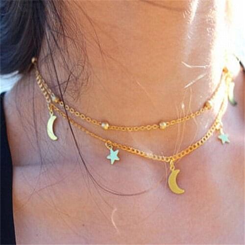 NEW Double-deck Star Moon Pattern Necklace Simple Style Short Gold Silver Chain