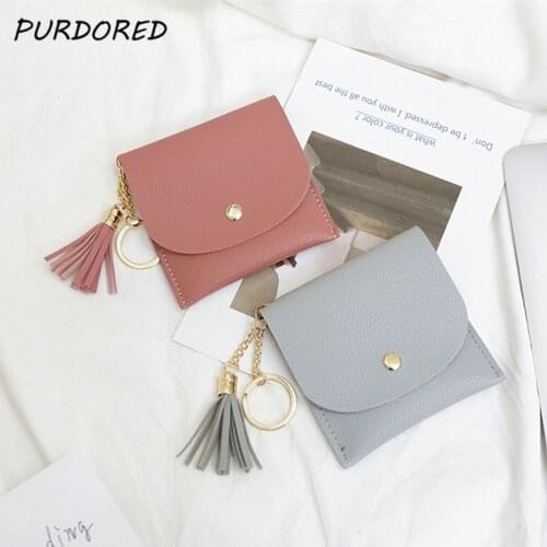 PURDORED 1 Pc Women Mini Tassel Credit Card Holder PU Leather Short Small Card Case Money Coins Pouch Cute Bank Card holder Bag