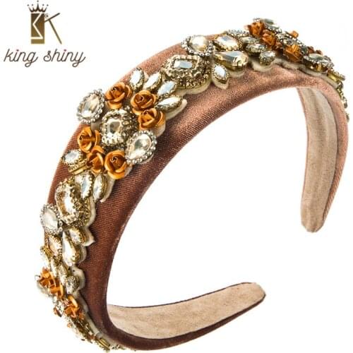 King Shiny Luxury Baroque Multi Color Crystal Headband Vintage Metal Flower Velvet Hairband Girls Party Hair Accessory Headpiece
