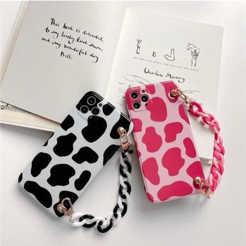With Portable Chain Phone Case for iPhone 12Pro Mini 11 Pro Xs Max XR X 8Plus Wrist Band Cow Pattern Spots Straight Border Case