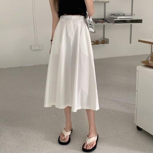 Sutimine White Mid Length Skirt Womens Summer Autumn Skirts 2021 Zipper up with Elastic High Waist A Line Umbrella Skirt