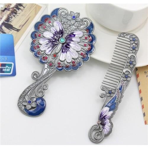 CASHOU23 Portable Makeup Mirror Comb Set Handle Mirror Comb Retro Euporen 3D Butterfly Pattern Princess Mirror with Storage