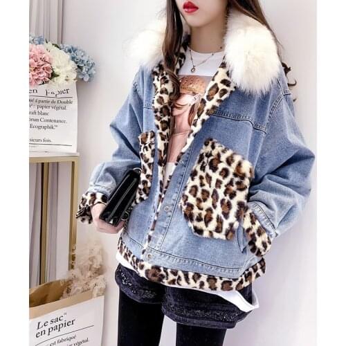 Fashion Women Loose Fit Leopard Patchwork Thick Warm Fleece Lining Denim Jacket Faux Fur Collar Outwear Batwing Sleeve Jean Coat