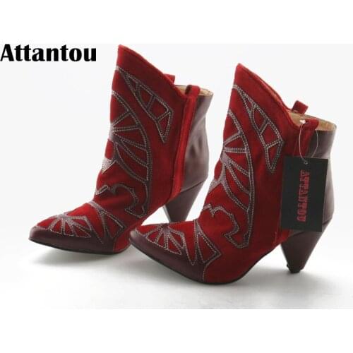 Attantou 2018 Women Boots Flock Ankle Boots Pointy Toe Winter Women Boots Ladies Party Western Stretch Fabric Boots
