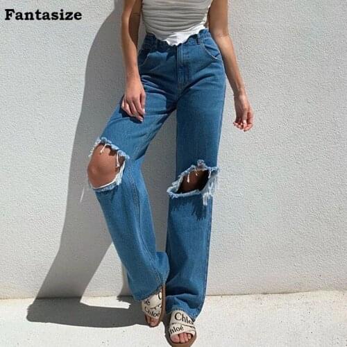 Fantasize 2021 Ripped Straight Womens Jeans Baggy Casual High Waist Boyfriends Mom Denim Fashion Vintage Streetwear Female