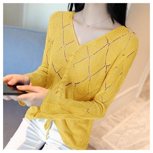 Women V-neck Bottoming Female Loose Long-sleeved Bright Silk Thin Tops Ladies Autumn Hollow Drawstring Net Red Sweater Pullover