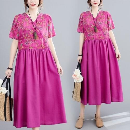 2021 New Arrival Short Sleeve Loose Summer Dress V-neck Patchwork Print Floral Linen Cotton Vintage Dress Women Casual Dress