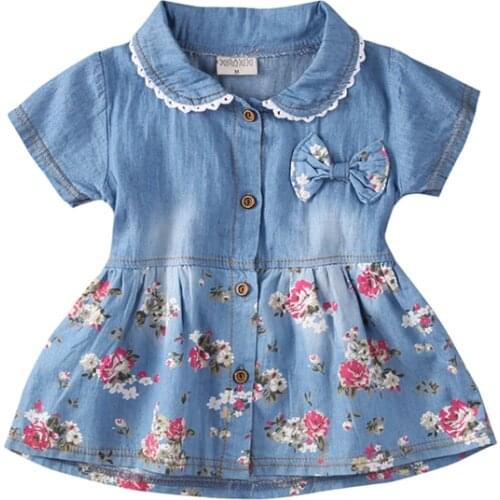 0-4Y Cute Lovely Summer Dress Toddler Baby Girls Pan Petal Sleeve Single Breasted Denim Blue Bow Floral Print Dress