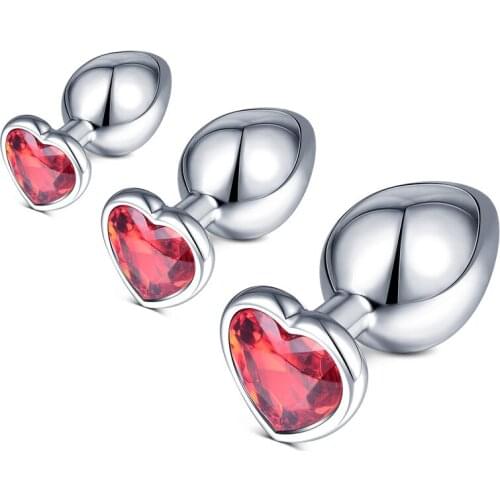 1PC Anal Plug Stainless Steel Metal Butt Plug Bead Red Heart Crystal Inlaid at the Back S M L