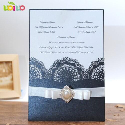 DIY 25set free customize inc261 black laser cut wedding invitation card+tied bow+brooch rhinestone+printing card+envelope seal