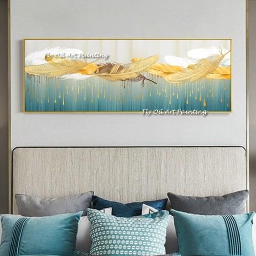 Abstract 100% Handmade Gold Foil Blue Ocean Oil Painting Large Size Canvas Beautiful Scenery Pictures for Home Porch Decor Gift