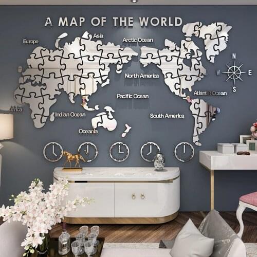 Acrylic 3D world map wall stickers Office background wall decoration painting Living room decoration mirror gold sliver sticker