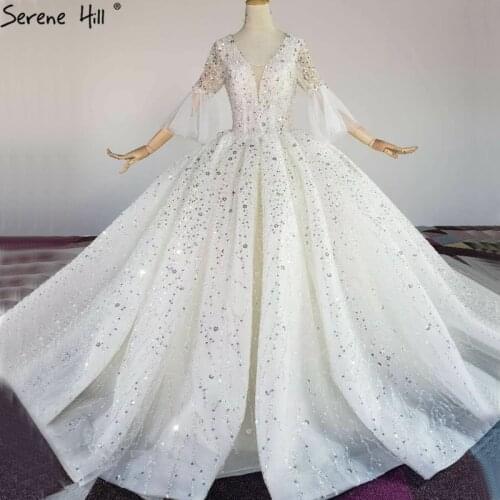 Serene Hill Dubai White High-end V-Neck Sparkle Wedding Dress 2020 Luxury Beading Flare Sleeves Bridal Gown Custom Made CHX0306