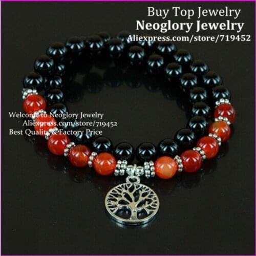 5PCS Carnelian With Black Onyx Stone Bead Bracelet,Double Wrap Bracelet Silver Plated Tree of Life Chakra Charm Bracelet