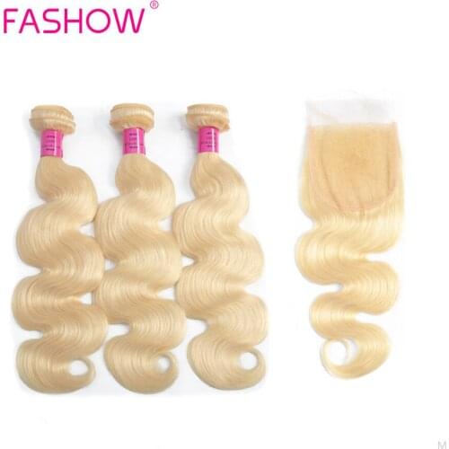 Fashow Brazilian Human Hair # 613 Blonde Body Wave Hair Bundles With Closure 4X4 Swiss Lace Honey Blonde Remy Hair Extensions