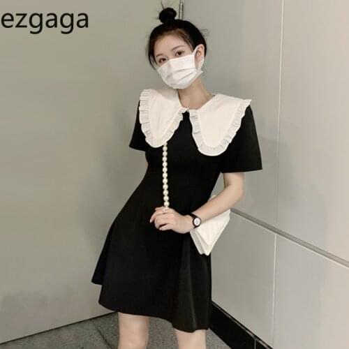 Ezgaga Summer 2021 New Vintage Mini Dress Women Short Sleeve Peter Pan Collar Contrast Dresses French Style Sweet Girl Casual