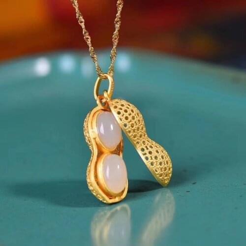 S925 Sterling Silver Gold-Plated Natural Hetian White Jade Peanut Jade Pendant Fashion Fresh Girl Necklace Light Luxury Minority