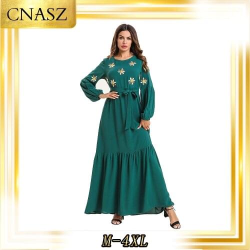 Muslim Dress Islamic Clothing Autumn Fashion Long-Sleeved Large Size Womens Embroidered Musulman Femme Dress