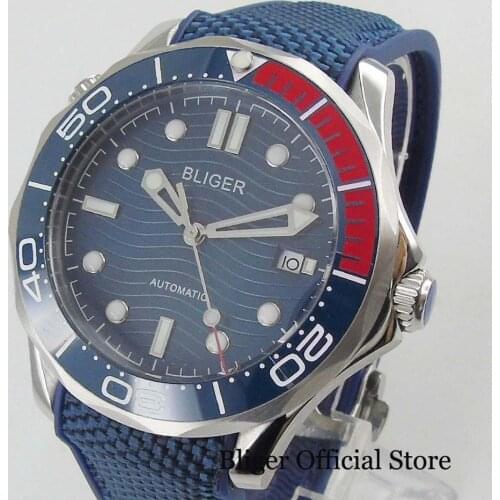 Military Style 41mm Blue Dial With Date Window Automatic Movement Mens Watch Rubber Strap