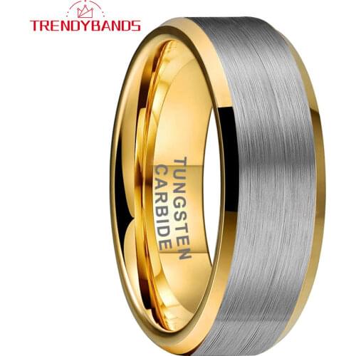 8MM Tungsten Mens Ring Wedding Band Gold Brushed Finish Beveled Edges Comfort Fit USA Size 5-15
