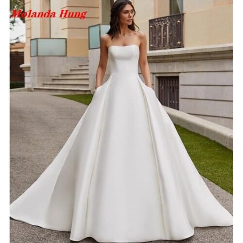 Simple White Wedding Dress Boho Duchess Satin Zipper Back Buttons Bridal Gown Plus Size Wedding Gowns Vestidos De Mariee HA001