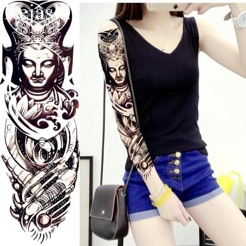 Sexy Black Buddha Full Arm Temporary Tattoo Women Body Art Painting Tattoo Stickers Men Shoulder Waterproof Fake Tatoo Big Paste