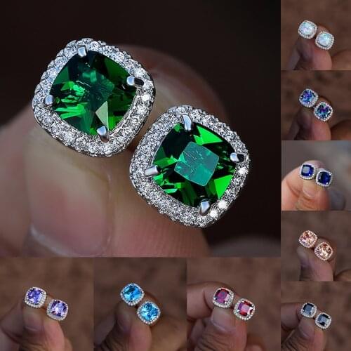 Luxury Female Crystal Green Stone Earrings Rose Gold Silver Color Stud Earrings Cute Square Zircon Wedding Earrings For Women