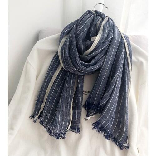 Unisex Japanese Style Scarf Cotton And LInen Striped Womens Long Shawl Crinkle Wraps Bufandas Fashion Men Winter Scarves