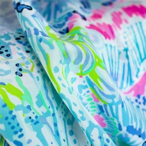 Printed fresh blue floral pattern pure 100% silk crepe de chine fabric,sewing for shirt,skirt,dress,scarf,craft by the yard