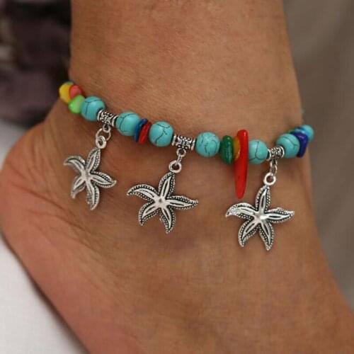 Vintage Silver Color Starfish Anklets For Women Red Green Stone Anklet Boho Jewelry Blue Beads Ankle Bracelet Beach Leg Anklets