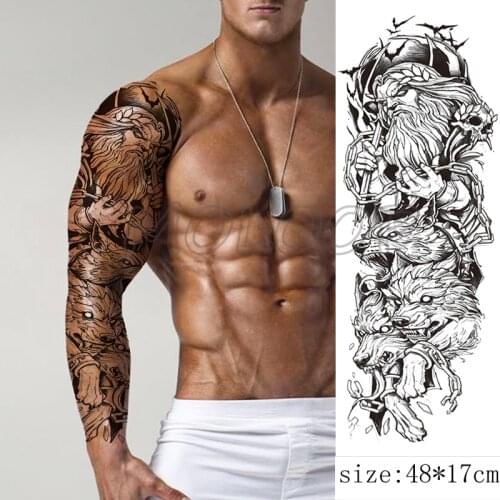 Temporary Tattoo Sticker Wolf Skull Bird Moon Ancient Greek Mythology Leaf Full Arm Body Art Anime Fake Tattoos for Woman Man