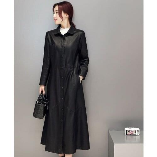 Women Faux Leather 2020 Jacket Fur Collar Slim Elegant Ladies Coats Womens Windbreaker Long Trench Coat Abrigos WXF102