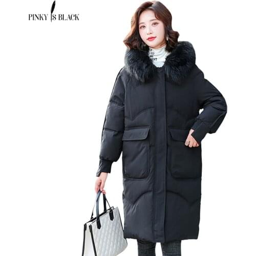 PinkyIsBlack Fur Collar Long Hooded Parkas 2021 New Winter Jacket Women Big Pocket Loose Cotton Padded Winter Coat Women Clothes
