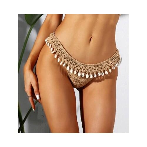Women Sport Sexy Bikini Thong Handmade Crochet Swimwear Bikini Bottom Hollow-out Low Waist Bathing Suit Bottoms