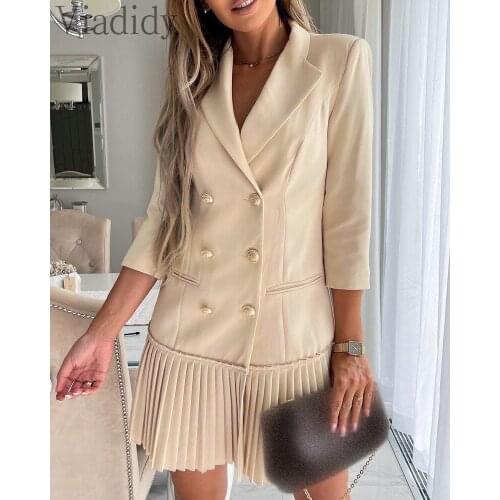 Women Elegant Solid Color Button Design Pleated Dress