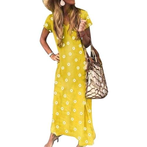 Dresses Fashion Women Casual V Neck Short Sleeve Marguerite Print Large Hem Loose Long Dress платье летнее 2021