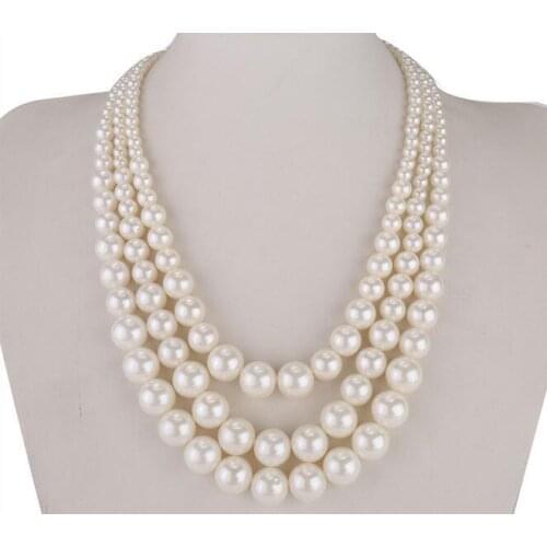 Woman jewelry 3 rows necklace 6-12mm round bead Bright White Natural SOUTH SEA SHELL PEARL NECKLACE 18'' 45cm