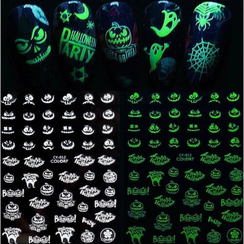 3D Nail Stickers Joker Halloween Nail Glow In The Dark Luminous Clown Skull Sliders Pumpkin Self Adhesive Decal Wraps Decor