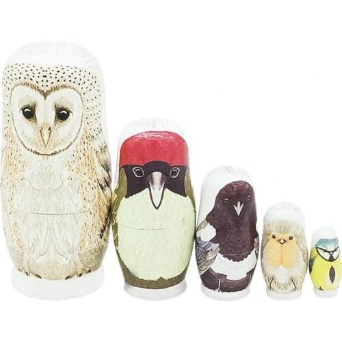 5Pcs/Set Nesting Dolls Cartoon Home Decoration Wood Five-Layer Owl Matryoshka Ornament for Coffee Shop