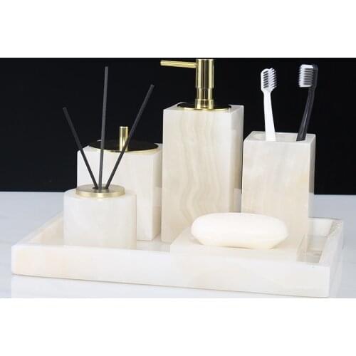 Natural Marble Bathroom Accessories Nordic Bathroom Set with Tray Lotion Bottle Tumbler Toothbrush Holder Swab Holder BA20121207