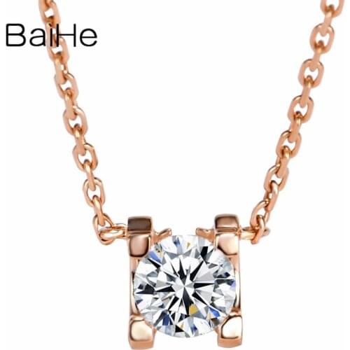 BAIHE Solid 14K Rose Gold 0.10ct Certified H/SI 100% Genuine Natural Diamonds Women Trendy Fine Jewelry Elegant Necklaces