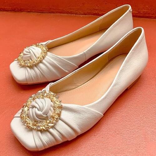 Womens genuine leather square toe slip-on ballet flats crystal metal buckle elegant ladies ballerians casual espadrilles shoes