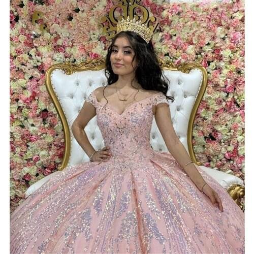 Sparkly Pink Sweet 16 Ball Gown Quinceañera Dresses Beaded Sequins Sleeveless Vestido De 15 Anos Quinceanera 2021