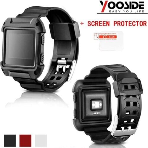 Dual-layer Design Rugged Case with Sport Strap Band & Tempered Glass Screen Protector Wristband for Fitbit Blaze Smart Watch
