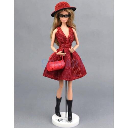 Elegant Red Dress Hat Black Boots Glasses 6pcs Suit Clothes for Doll Dating Party Outfit