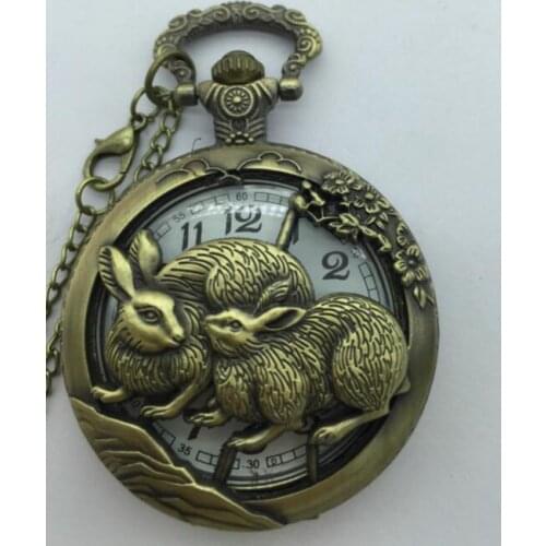 Hot Chinese Bronze Rabbits Playing Hollow Quartz Pocket Watch Necklace Pendant Carving Back Womens Men GIfts