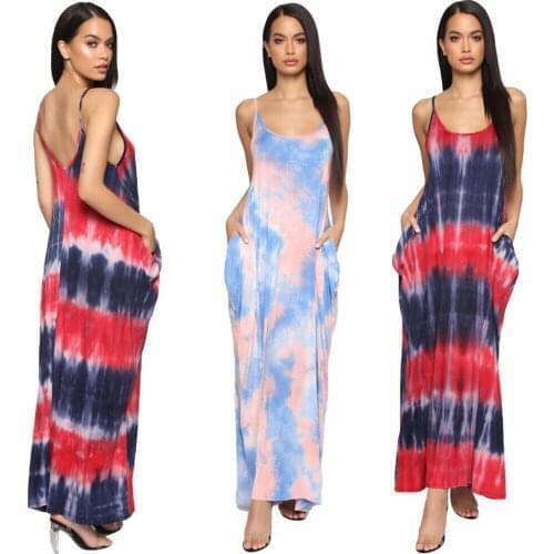 Summer Women Spaghetti Strap Maxi Dress Holiday Beach Sundress Kaftan Bohemian Long Sleeveless Party Dresses Pocket Loose Cloth