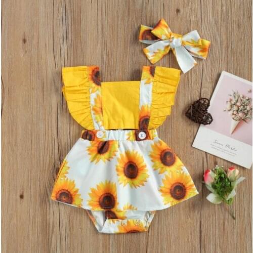 Toddlers Summer Outfits Sunflower Print Square Collar Sleeveless Romper Bowknot Headband Baby Girls Bodysuits Sunsuits