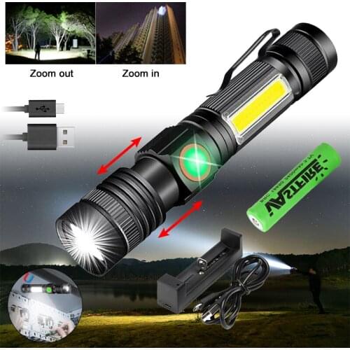 1000LM XML-T6 + COB Zoomable LED Flashlight With Magnetic Base Rainproof 4 Modes USB Rechargeable Flash Light +Battery+Charger